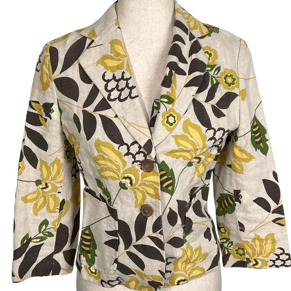 Banana Republic Blazer Women 0 Beige Yellow Floral Linen 3/4 Sleeve Short Jacket